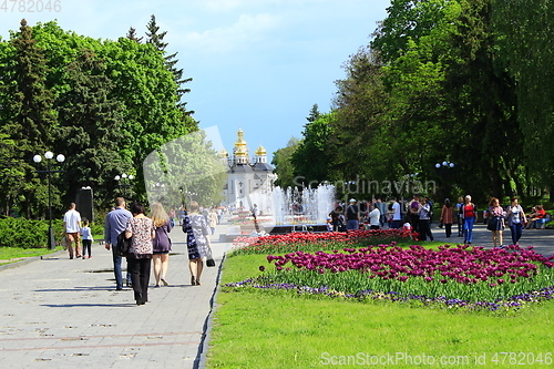 Image of People have a rest in city park with tulips