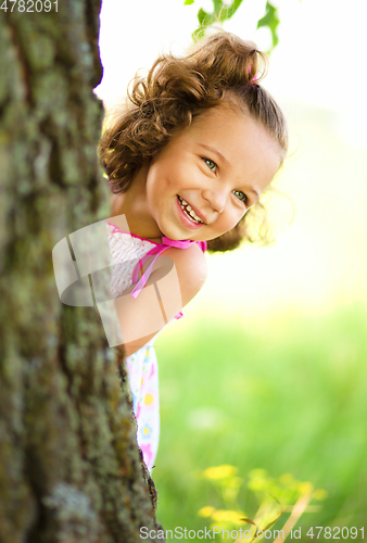Image of Cute little girl is playing hide and seek