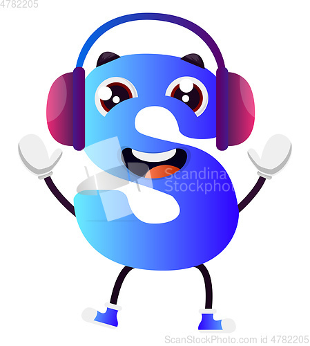 Image of Blue letter S with purple headphones vector illustration on whit