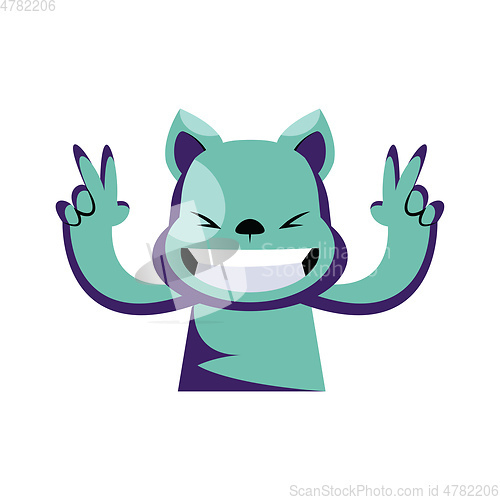 Image of Happy blue monster holding hands up high vector illustration on 