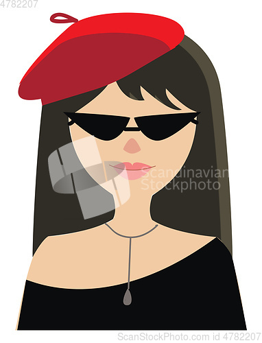 Image of Portrait of a girl in black shirt with sunglasses red basket and