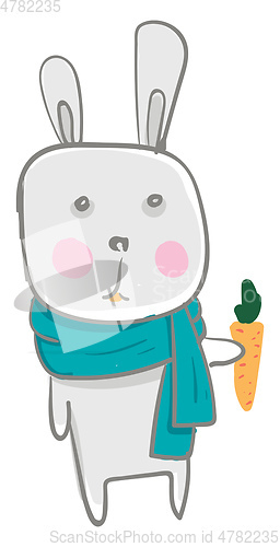 Image of A cartoon hare dressed in blue scarf holds a carrot and expresse