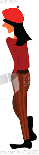 Image of A tall and skinny girl wearing a red hat and has tucked her hand