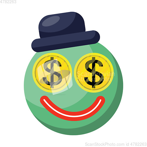 Image of Blue round emoji face with dollar eyes and hat vector illustrati