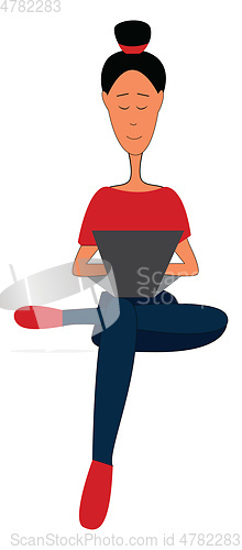 Image of Girl in red t-shirt blue pants and red shoes sitting with a lapt