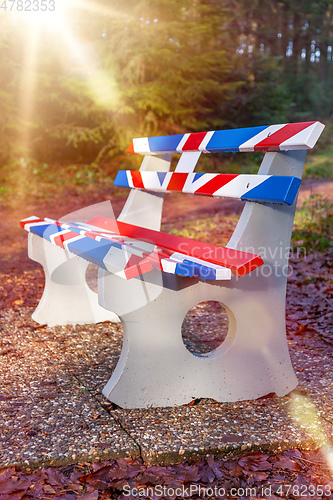 Image of bench in Great Britain Union Jack flag colors