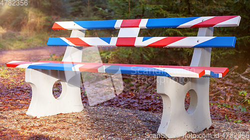 Image of bench in Great Britain Union Jack flag colors