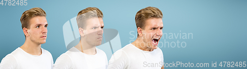 Image of Caucasian young man\'s close up portrait on blue background