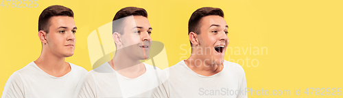 Image of Caucasian young man\'s close up portrait on yellow background