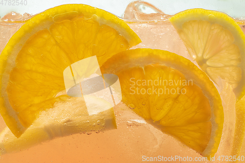 Image of Close up view of the lemon slices in lemonade on background