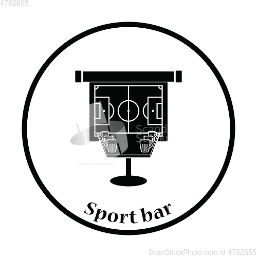 Image of Sport bar table with mugs of beer and football translation on pr