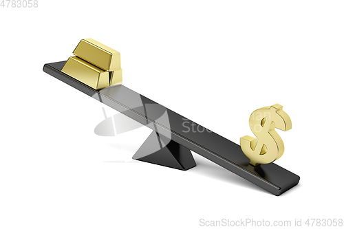 Image of Dollar sign and gold bars on seesaw