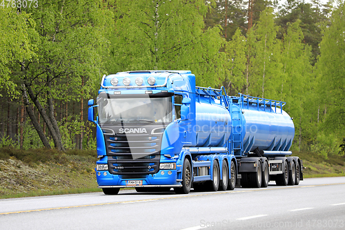 Image of Blue Scania Tank Truck on Road