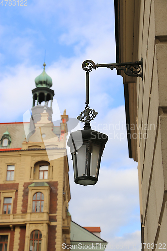 Image of Traditional vintage street lamp and architecture of Prague