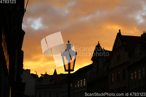 Image of Traditional street lamp and architecture of Prague in the evenin