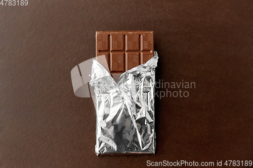 Image of chocolate bar in foil wrapper on brown background