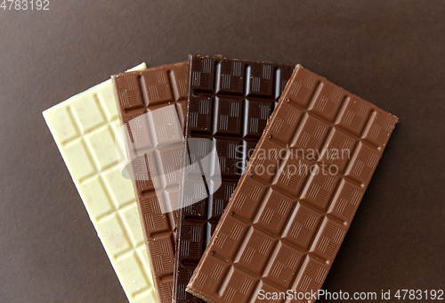 Image of different kinds of chocolate on brown background