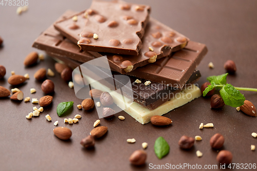 Image of close up of different chocolate bars and nuts