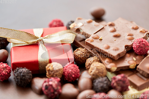 Image of close up of different chocolates, candies and gift