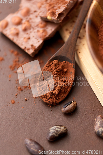 Image of cocoa powder on wooden spoon with chocolate