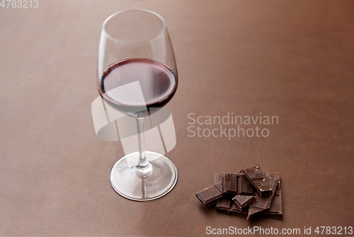 Image of dark chocolate pieces and glass of red wine