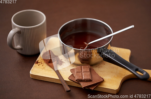 Image of pot with hot chocolate, mug and cocoa powder