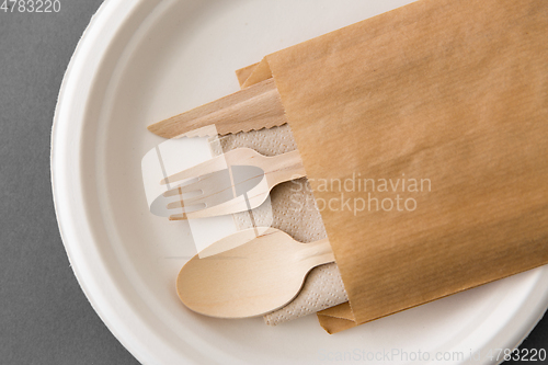 Image of wooden spoon, fork and knife on paper plate