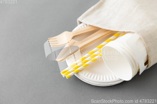 Image of wooden forks, knives, paper straws and cups