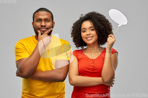 Image of african american couple with blank speech bubble