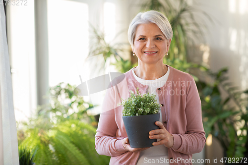 Image of happy senior woman with flower in pot at home