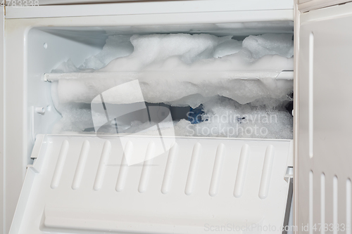 Image of The fridge freezer is covered with a thick layer of ice and snow