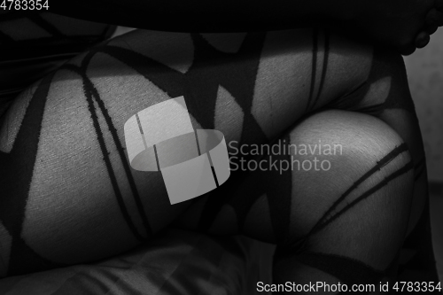 Image of Seductive female thighs in patterned nylon pantyhose, black and white