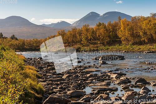 Image of Landscape with Abisko river and mountains, Norrbotten, Sweden