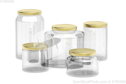 Image of Empty glass jars on white background