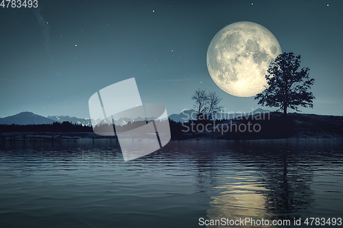 Image of moon and stars over dark scenery