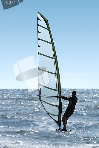 Image of Silhouette of a windsurfer on a sea 