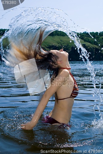 Image of The young woman bathes in the river
