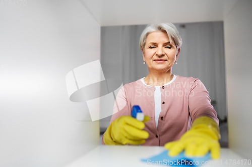 Image of happy senior woman with cloth dusting rack at home