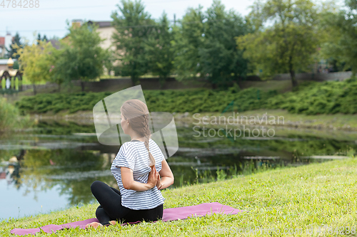 Image of Young beautiful woman doing yoga exercise in green park. Healthy lifestyle and fitness concept.