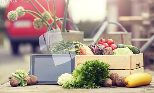 Image of close up of vegetables with tablet pc on farm