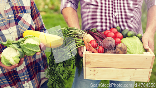 Image of senior couple with box of vegetables on farm