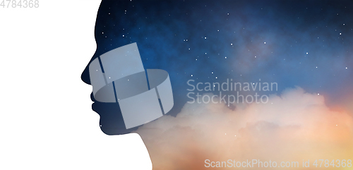 Image of woman silhouette of night sky on white background