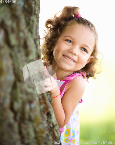 Image of Cute little girl is playing hide and seek