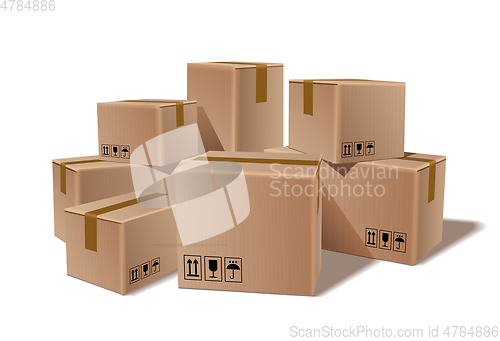 Image of Pile of stacked sealed goods cardboard boxes.