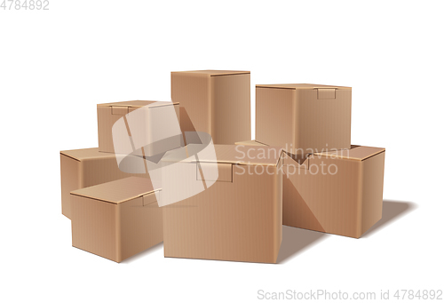 Image of Pile of stacked sealed goods cardboard boxes.