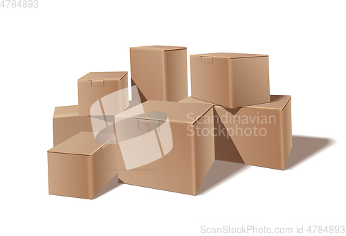 Image of Pile of stacked sealed goods cardboard boxes.