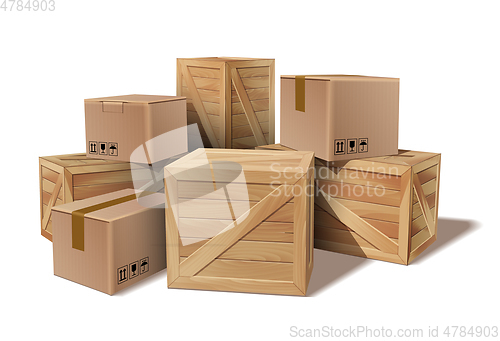 Image of Pile of stacked goods cardboard and wooden boxes.