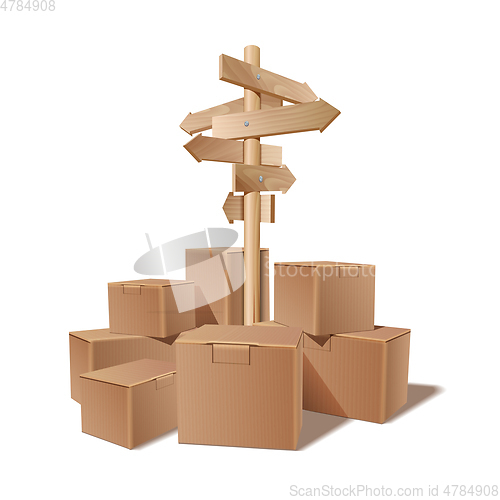 Image of Pile of stacked sealed goods cardboard boxes.