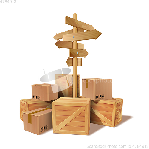 Image of Pile of stacked goods cardboard and wooden boxes.