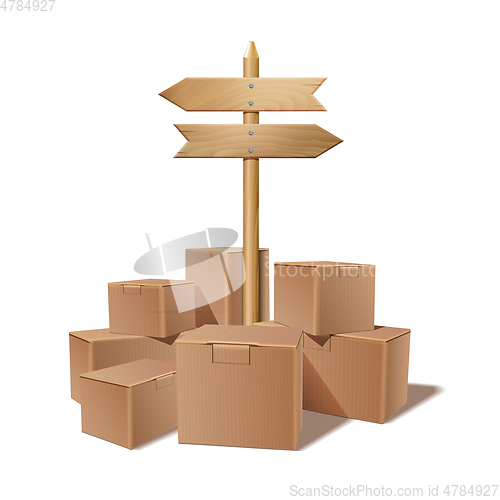 Image of Pile of stacked sealed goods cardboard boxes.